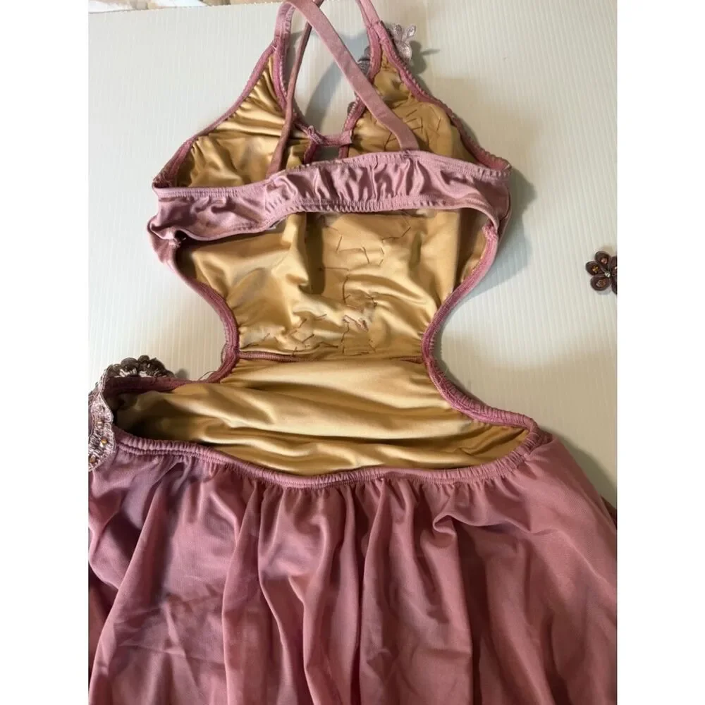 Pink custom solo Dance costume embellished asymmetrical Leotard dress SA adult